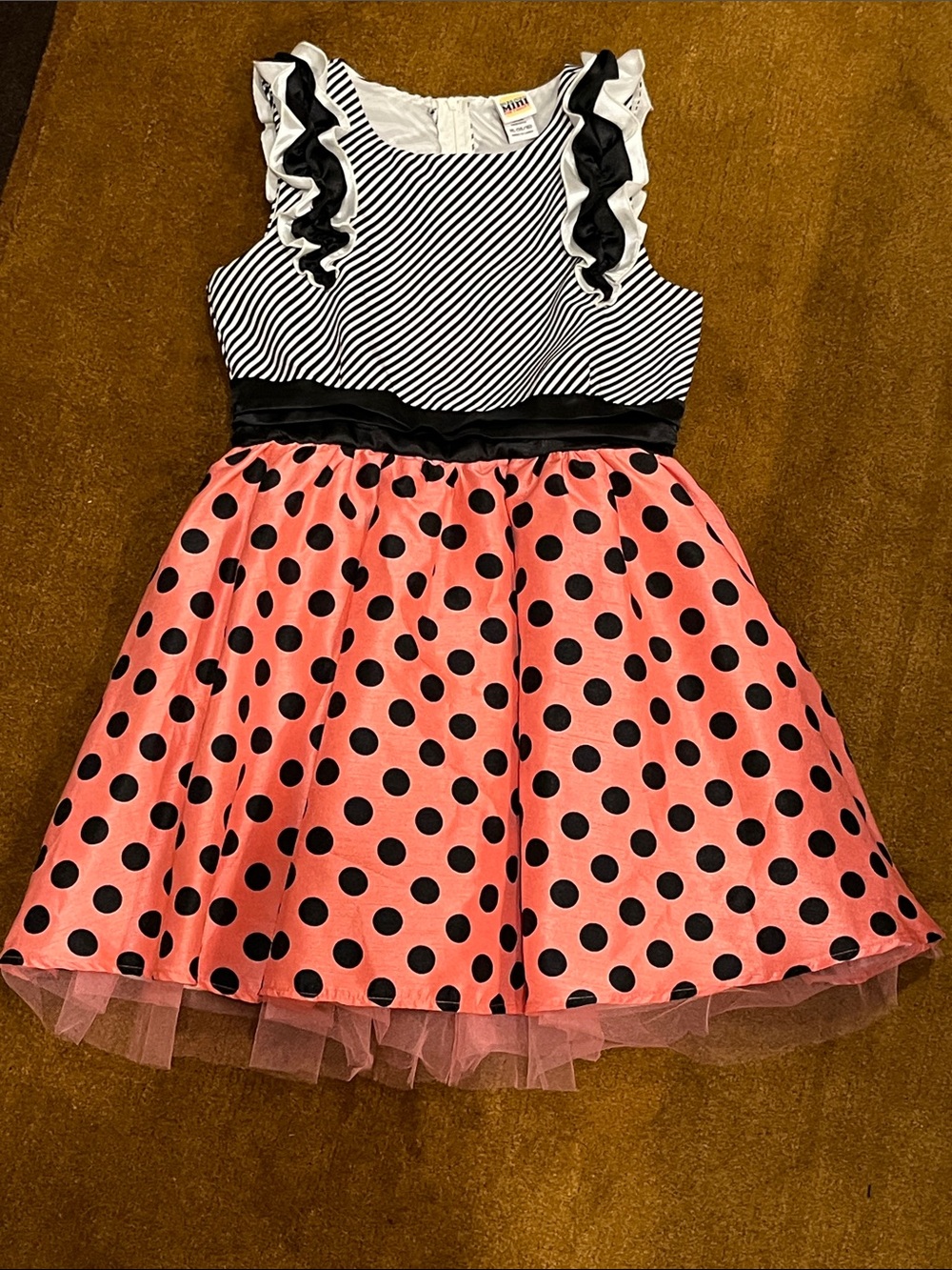 Girls Pink Polka Dot Casual Dress with Ruffle Shoulders